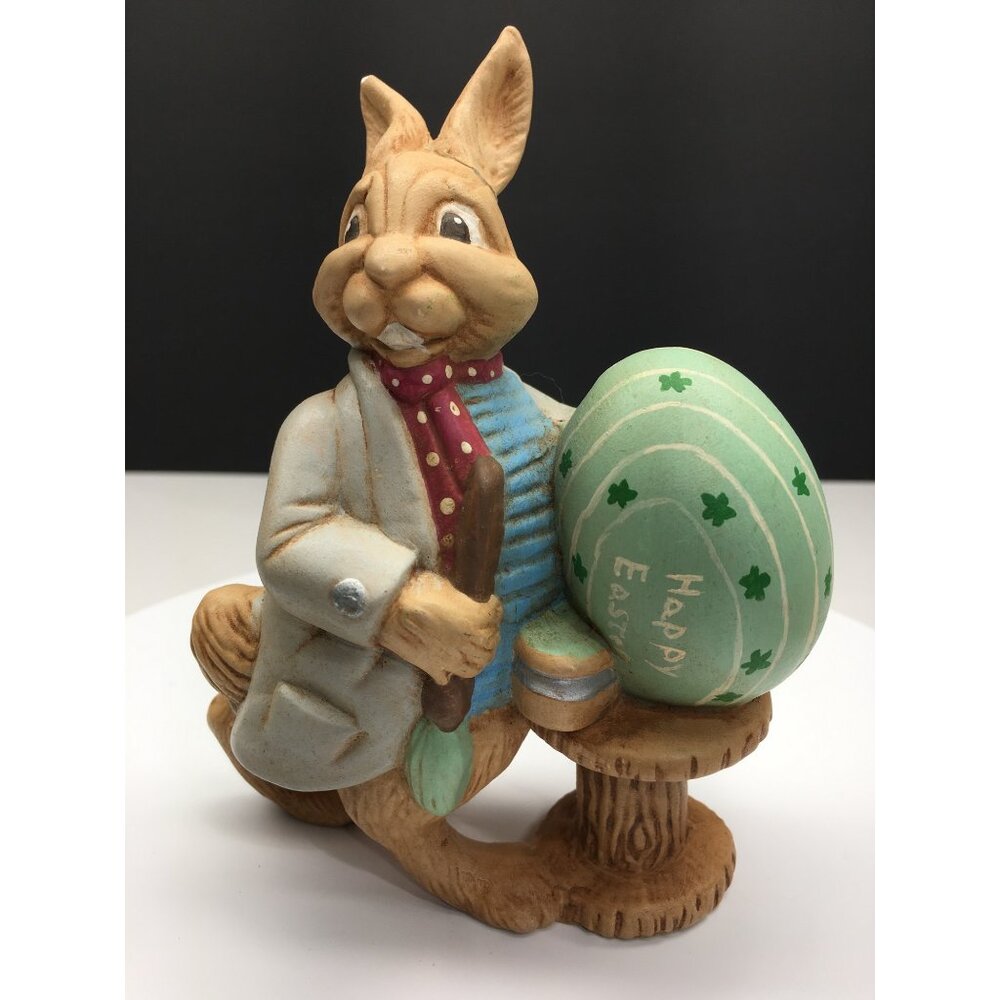 Vtg Atlantic Mold Rabbit Painting Egg Easter Fairy Garden Figurine Ceramic 6"